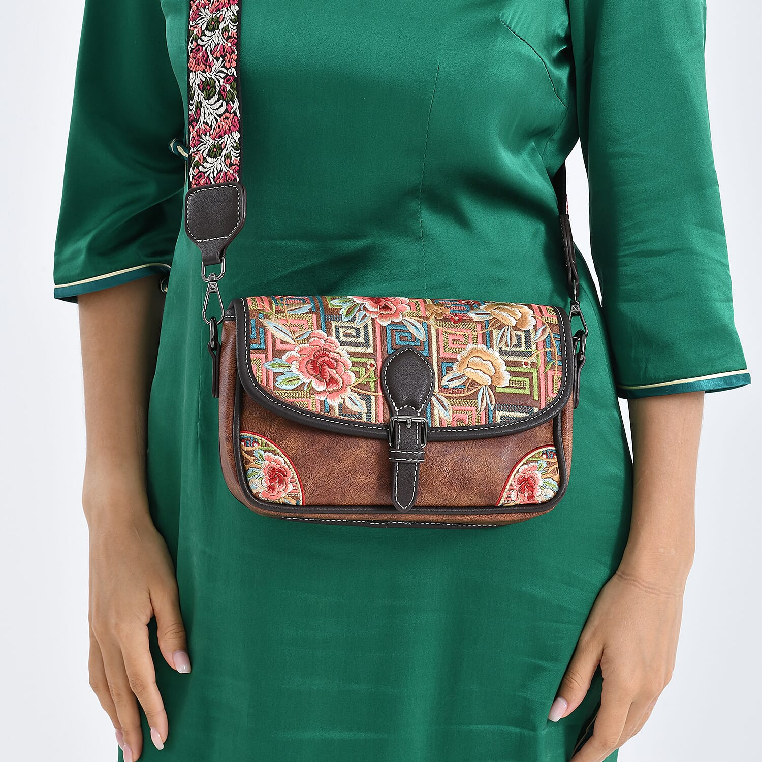 Floral Embroidered Sling Crossbody Bag - Brown