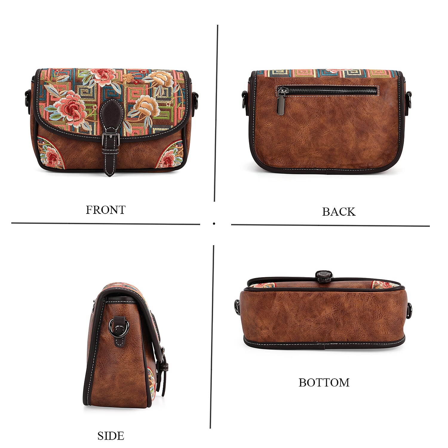 Floral Embroidered Sling Crossbody Bag - Brown