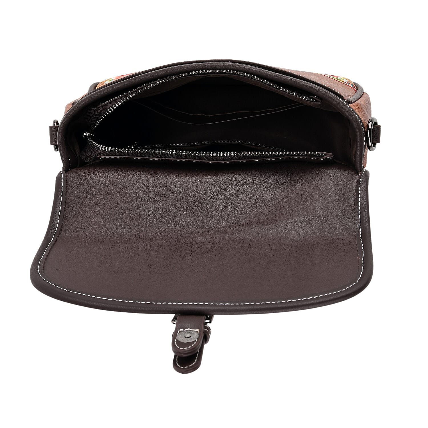 Floral Embroidered Sling Crossbody Bag - Brown
