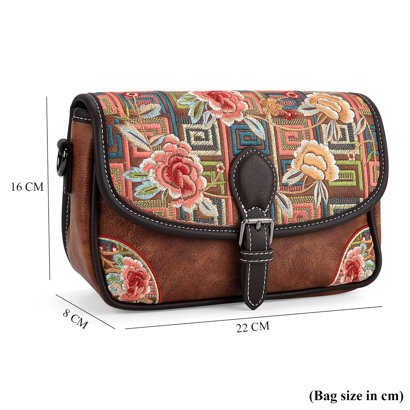 Floral Embroidered Sling Crossbody Bag - Brown