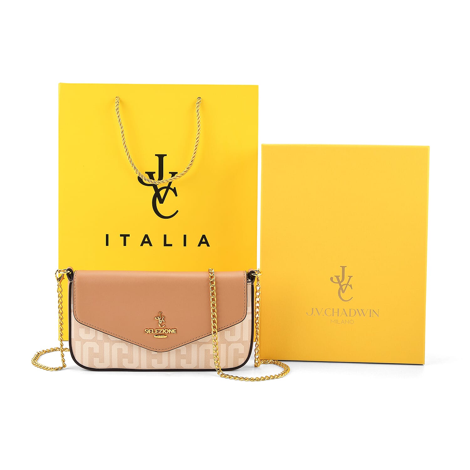 JVC- Milano Style Italian Luxury Shoulder Chain Crossbody Bag - Khaki & Beige