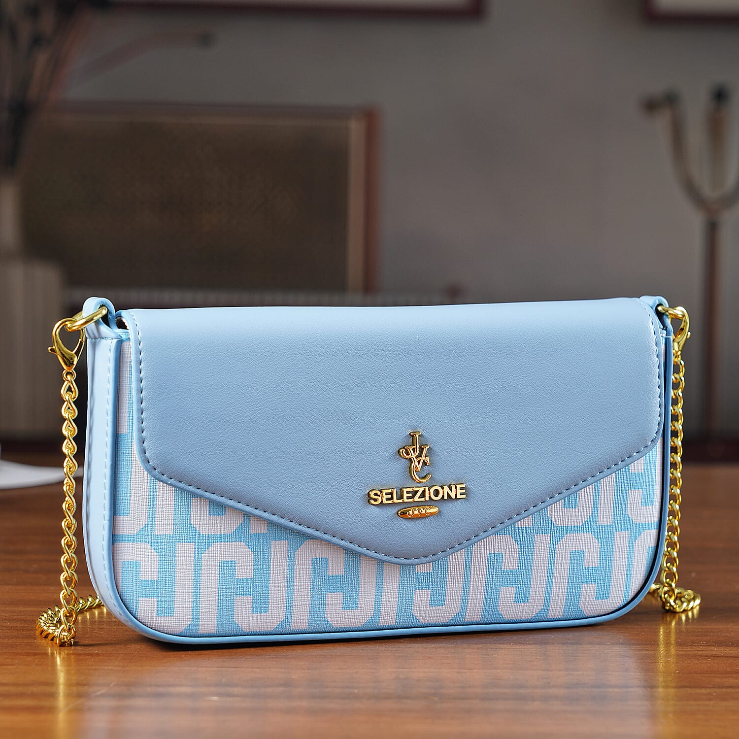 JVC- Milano Style  Luxury Clutch with Shoulder Chain Strap (114 cm) - Blue