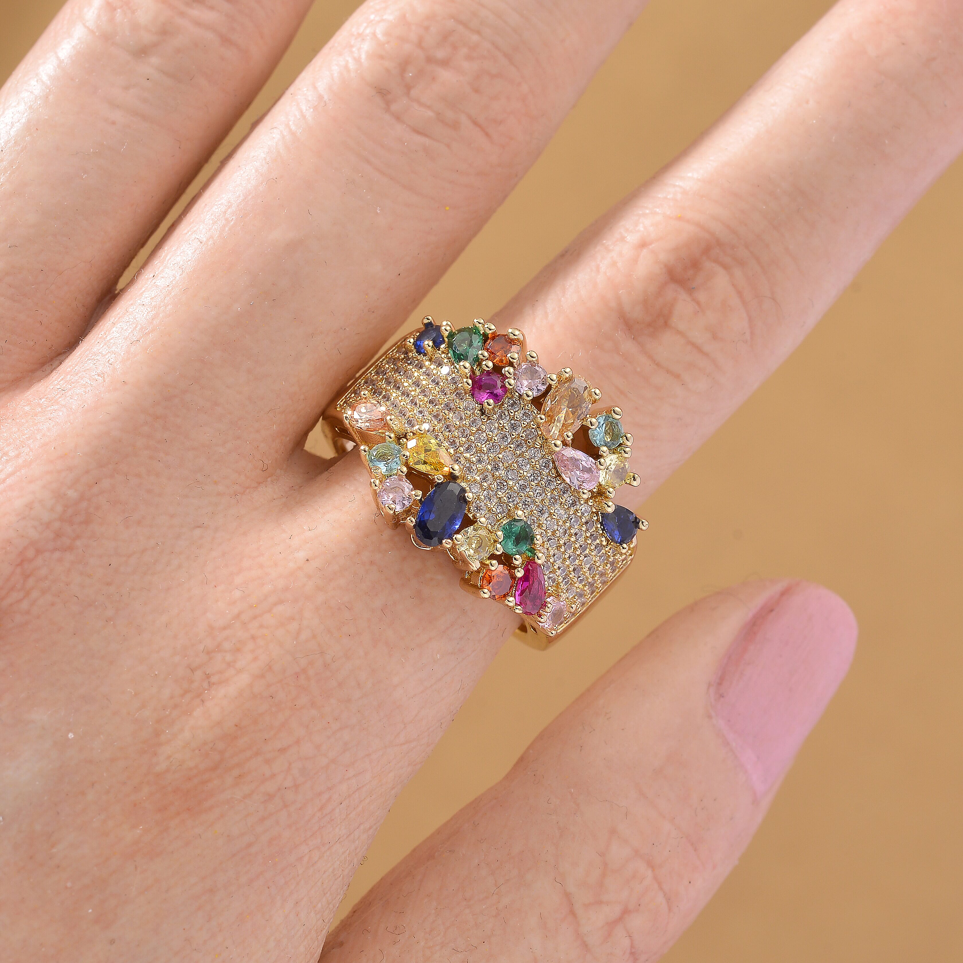 Multi Color Cubic Zirconia Ring in Yellow Gold Plated 3.00 Ct.