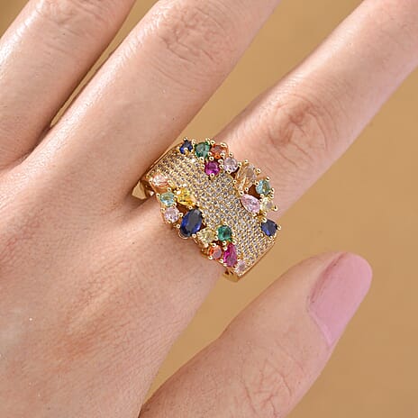 Multi Color Cubic Zirconia Ring in Yellow Gold Plated 3.00 Ct.