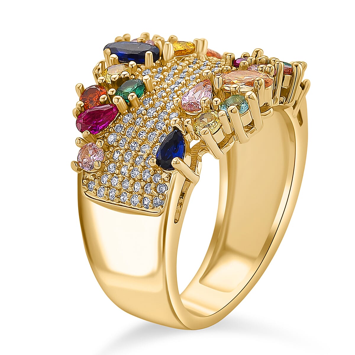 Multi Color Cubic Zirconia Ring in Yellow Gold Plated 3.00 Ct.
