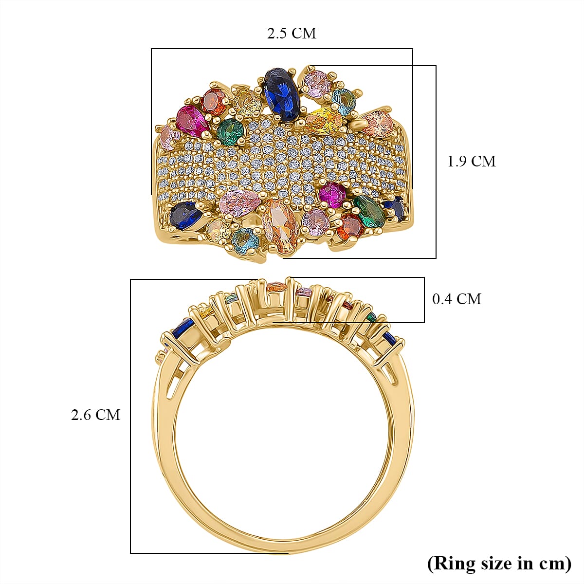 Multi Color Cubic Zirconia Ring in Yellow Gold Plated 3.00 Ct.
