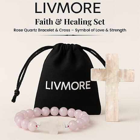 LIVMORE Rose Quartz Gemstone Cross & Bracelet - Pink