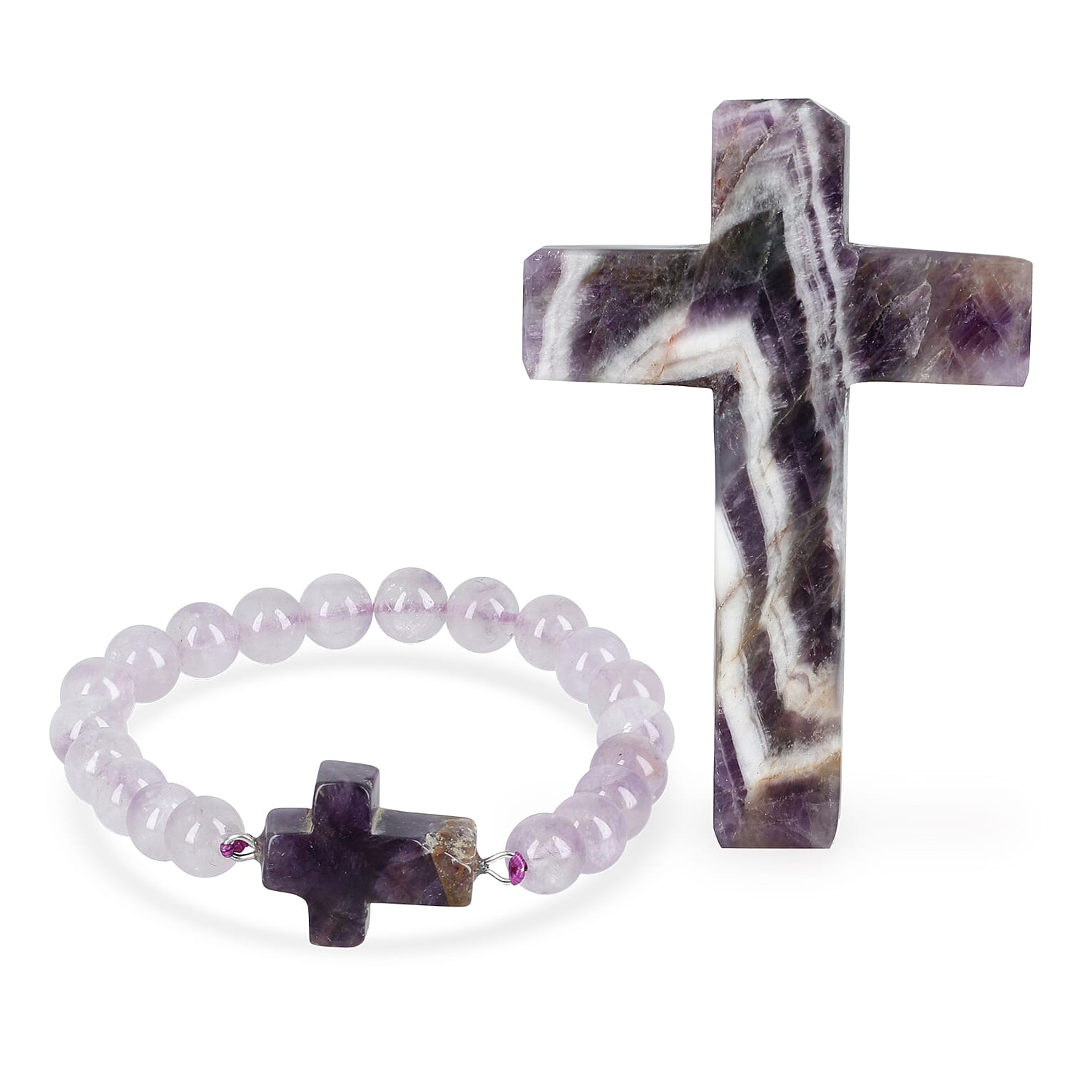 LIVMORE Amethyst Gemstone Cross & Bracelet - Purple