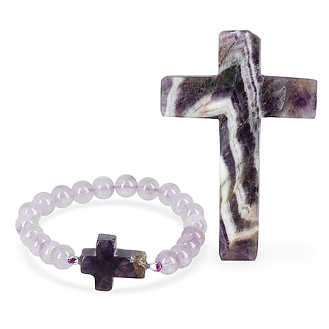 LIVMORE Amethyst Gemstone Cross & Bracelet - Purple