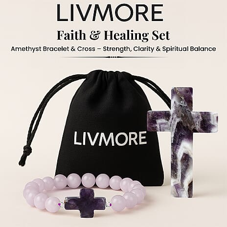 LIVMORE Amethyst Gemstone Cross & Bracelet - Purple