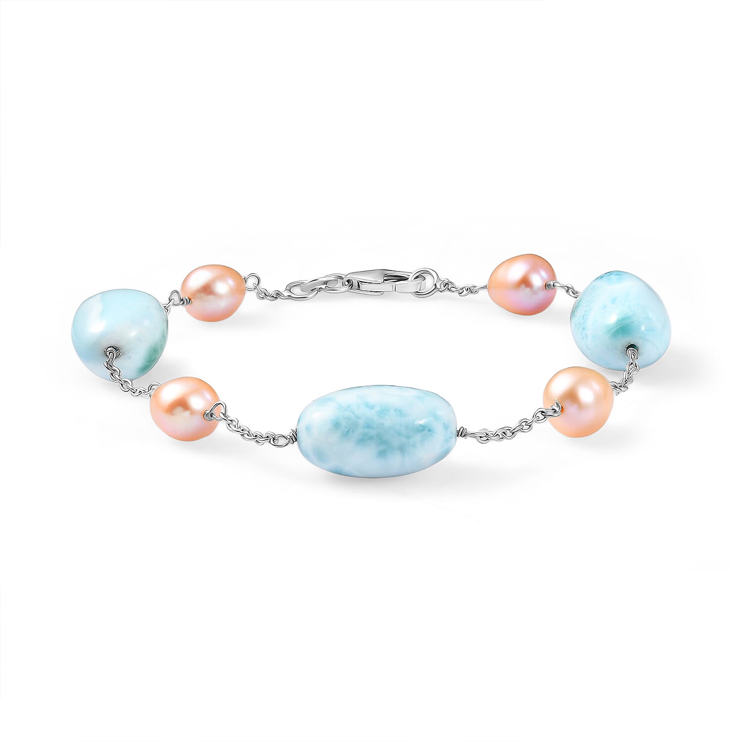 Larimar & Fresh Water Pearl Bracelet (Size - 7.5) with Lobster Clasp in Rhodium Overlay Sterling Silver 50.00 Ct.