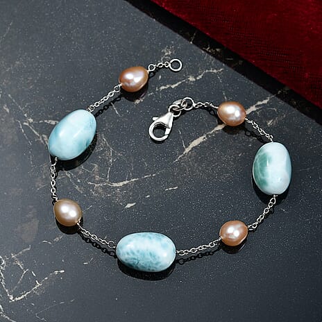 Larimar & Fresh Water Pearl Bracelet (Size - 7.5) with Lobster Clasp in Rhodium Overlay Sterling Silver 50.00 Ct.
