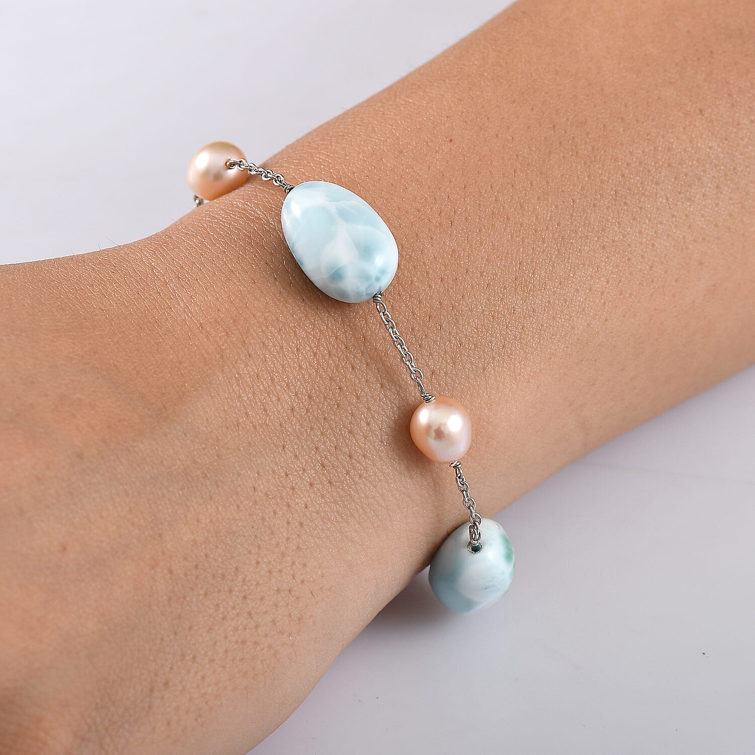 Larimar & Fresh Water Pearl Bracelet (Size - 7.5) with Lobster Clasp in Rhodium Overlay Sterling Silver 50.00 Ct.