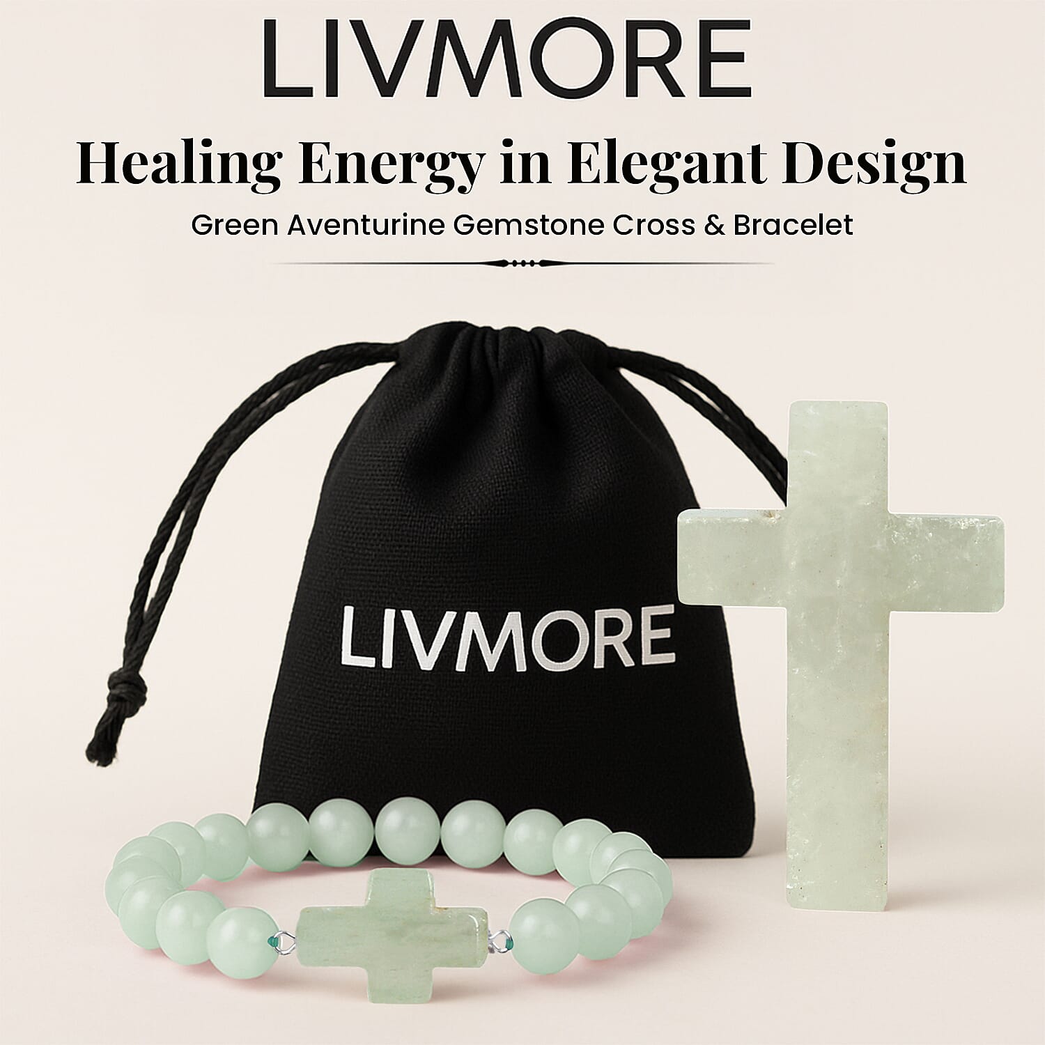 LIVMORE Green Aventurine Gemstone Cross & Bracelet