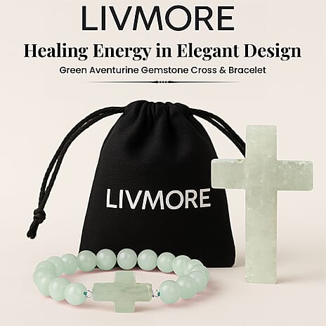 LIVMORE Green Aventurine Gemstone Cross & Bracelet