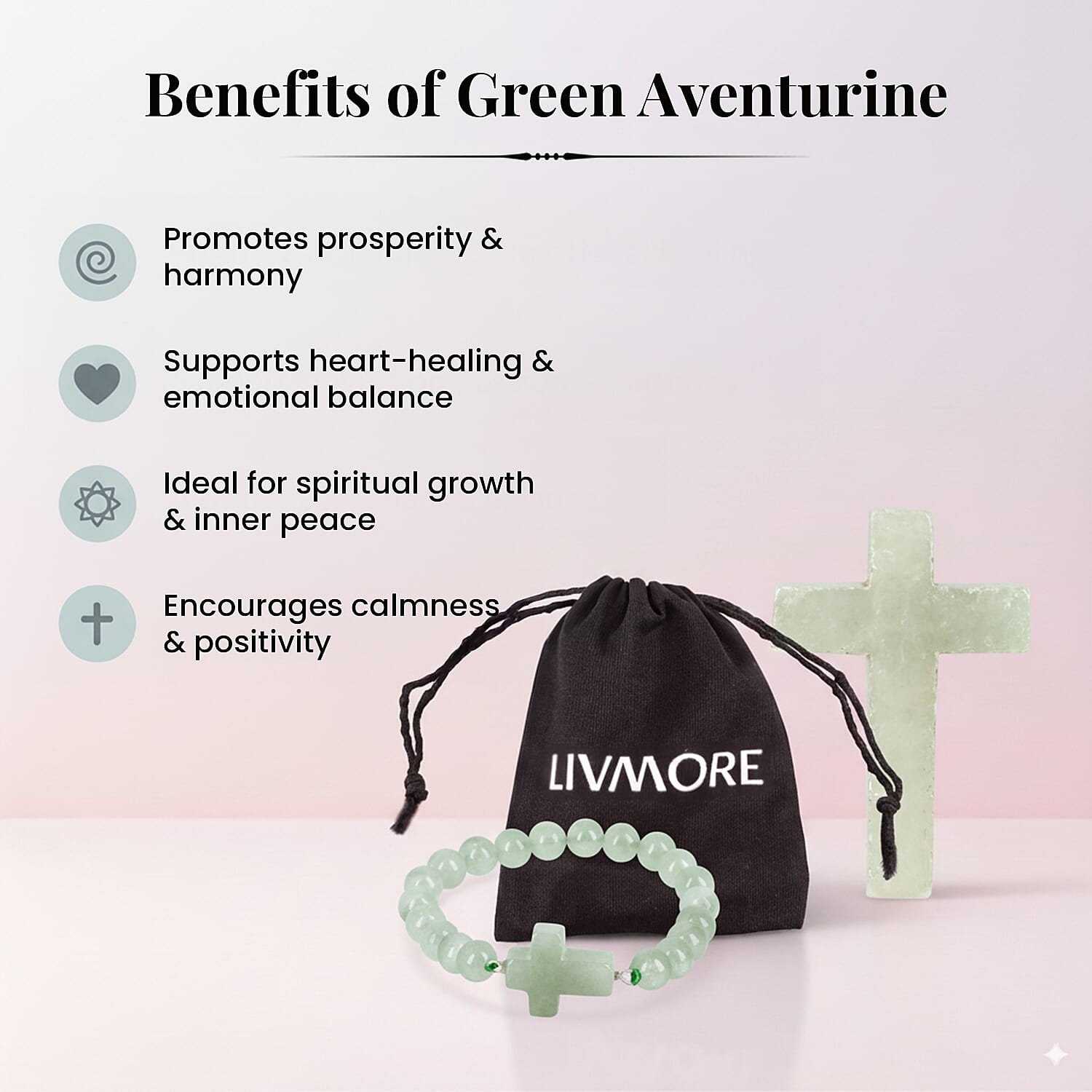 LIVMORE Green Aventurine Gemstone Cross & Bracelet