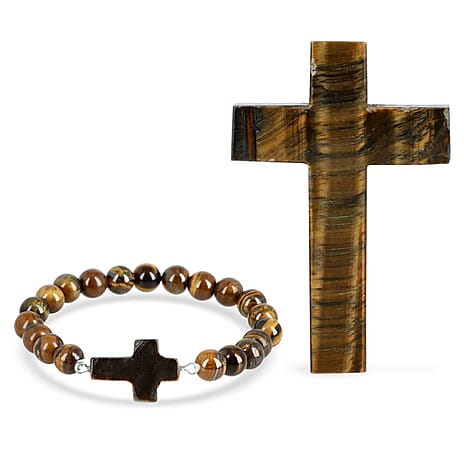 LIVMORE Tiger Eye Gemstone Cross & Bracelet - Brown