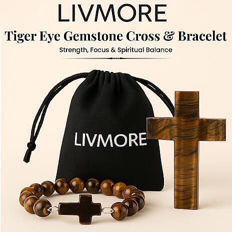 LIVMORE Tiger Eye Gemstone Cross & Bracelet - Brown