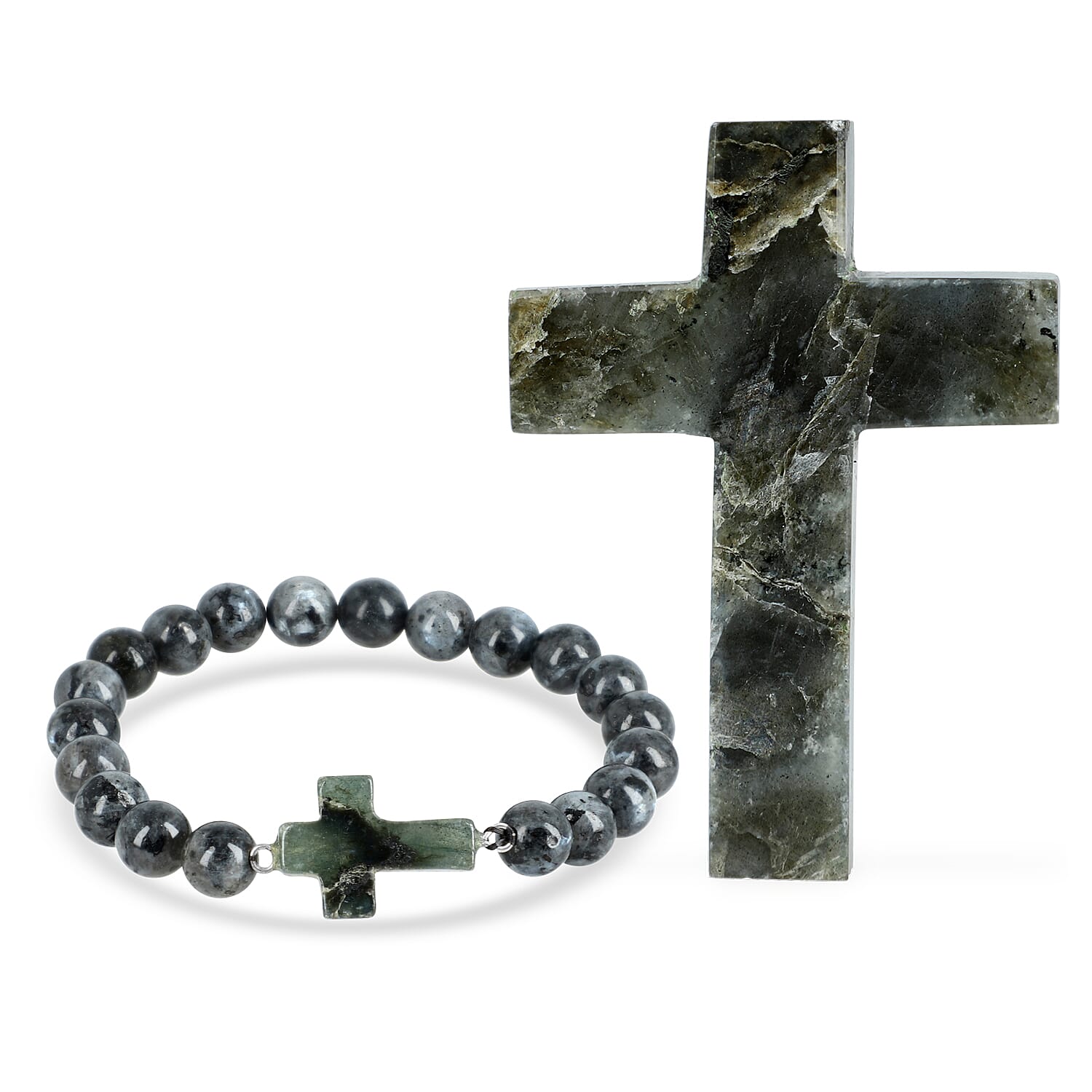 LIVMORE Labradorite Gemstone Cross & Bracelet - Grey