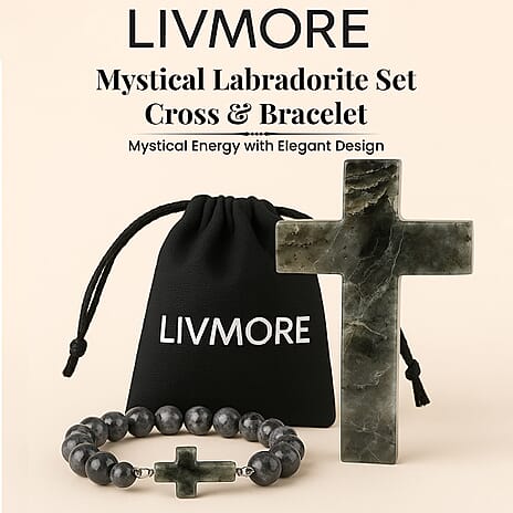 LIVMORE Labradorite Gemstone Cross & Bracelet - Grey