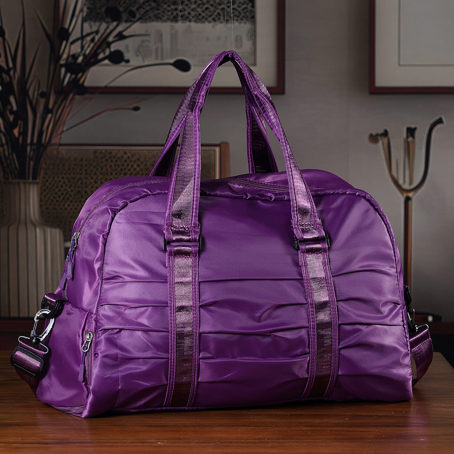 Water Repellent Pleated Trave Dufflle Bag - Purple