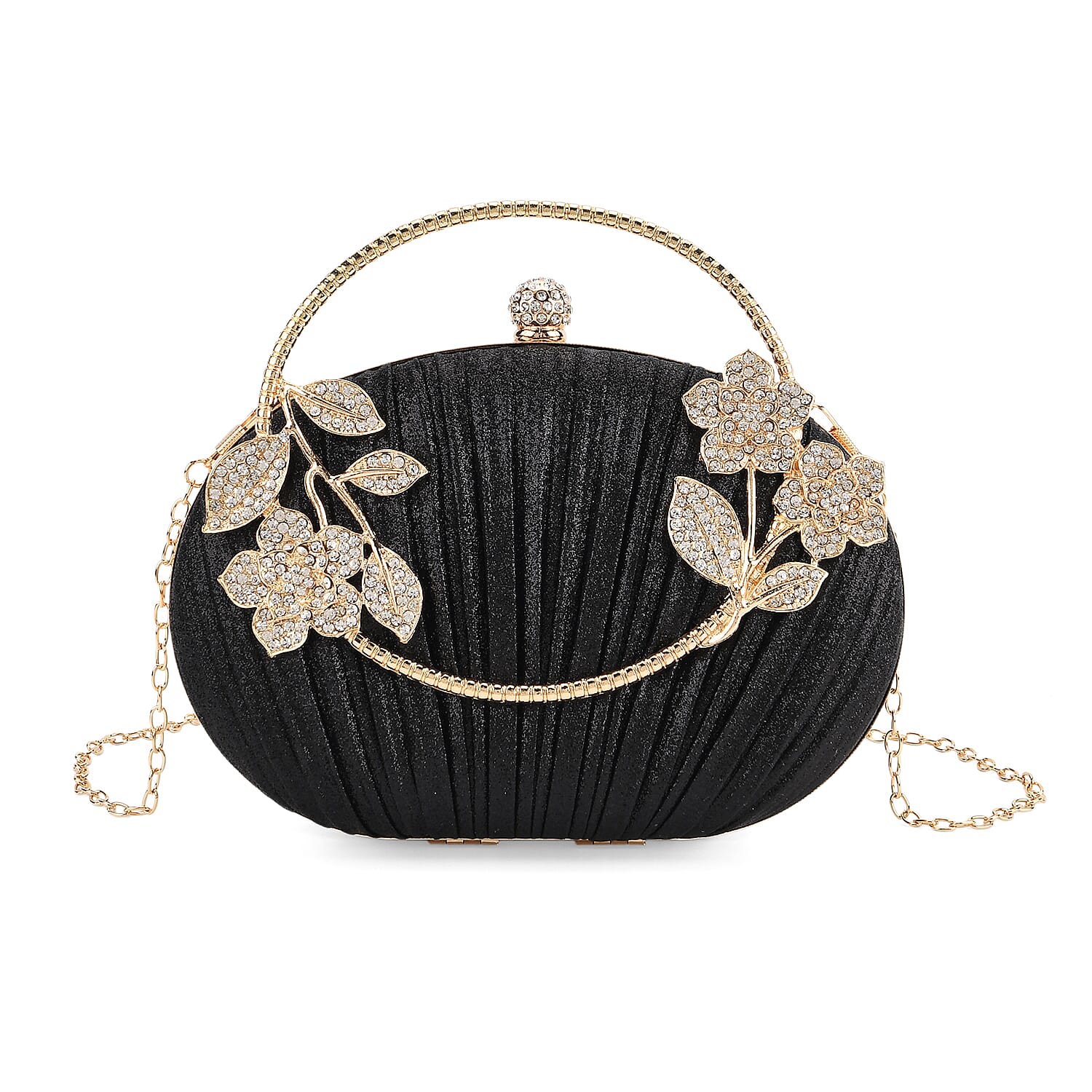 Ruched Crystal Flower Embellished Clutch Bag with Gold Handle - Black