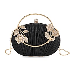 Ruched Crystal Flower Embellished Clutch Bag with Gold Handle - Rose Gold
