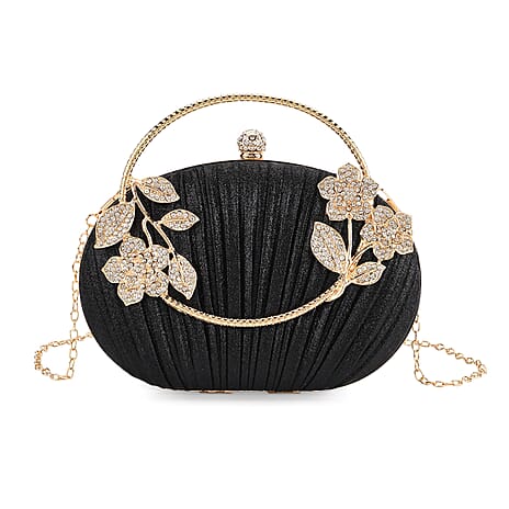 Ruched Crystal Flower Embellished Clutch Bag with Gold Handle - Black