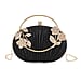 Ruched Crystal Flower Embellished Clutch Bag with Gold Handle - Black