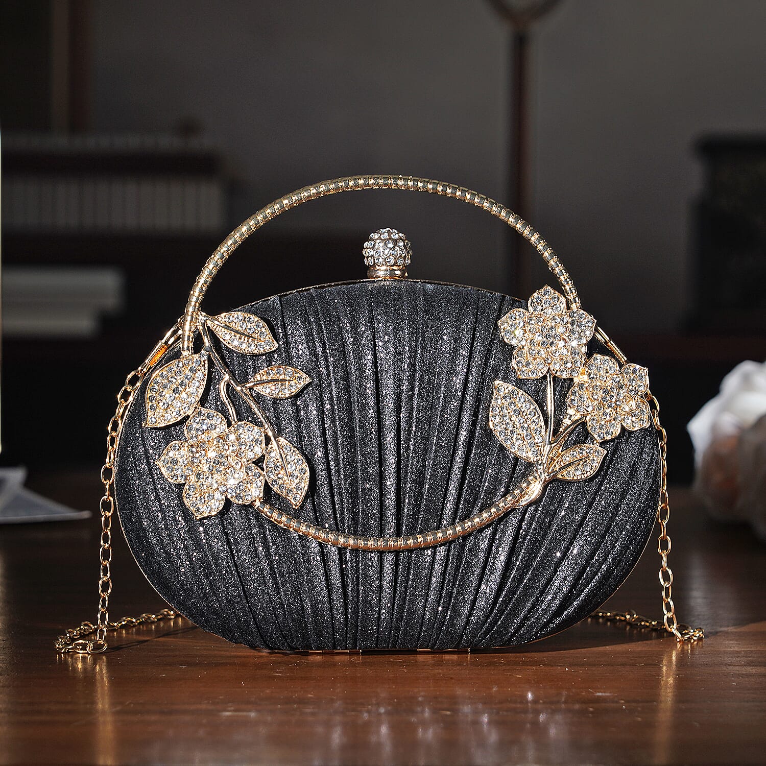 Ruched Crystal Flower Embellished Clutch Bag with Gold Handle - Black