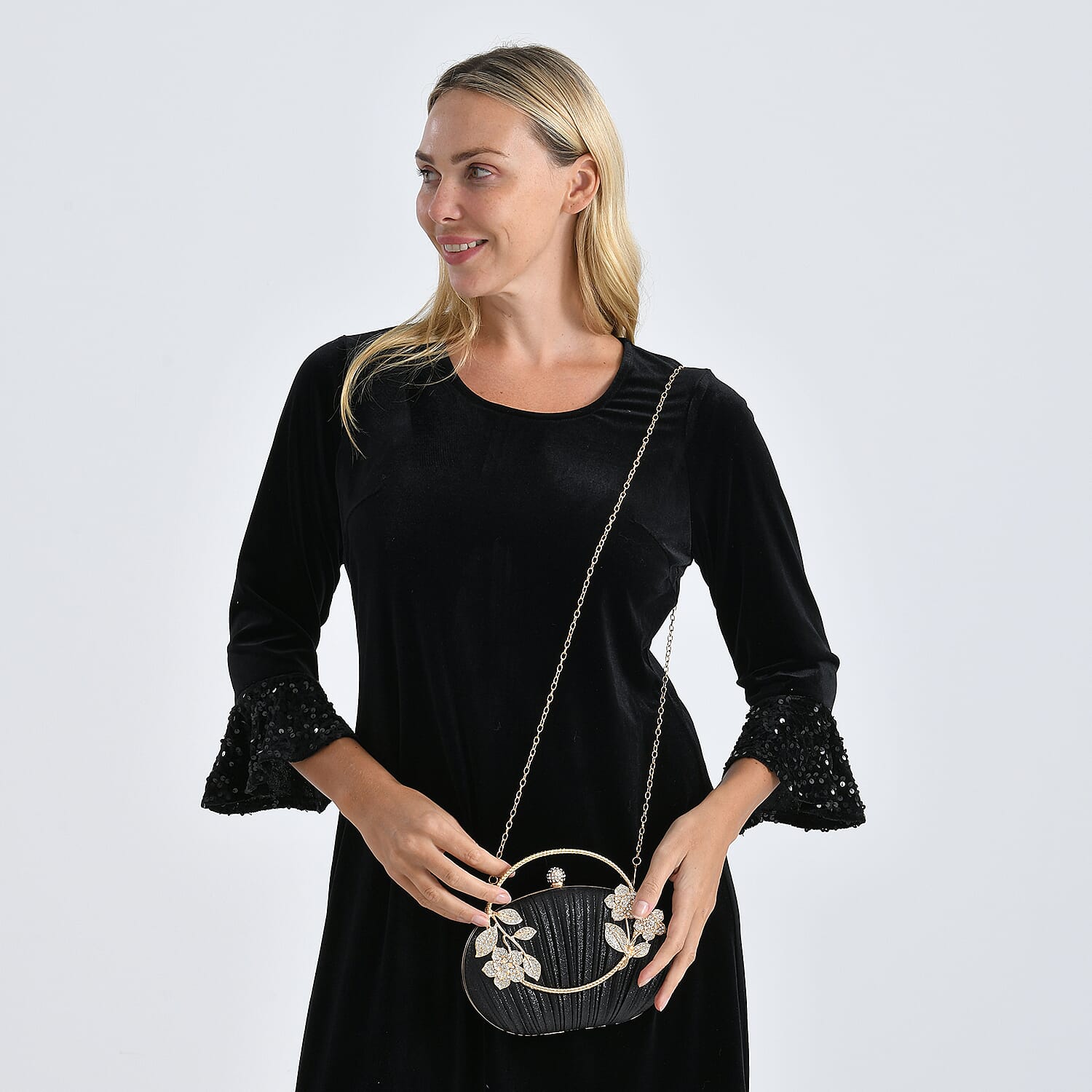 Ruched Crystal Flower Embellished Clutch Bag with Gold Handle - Black