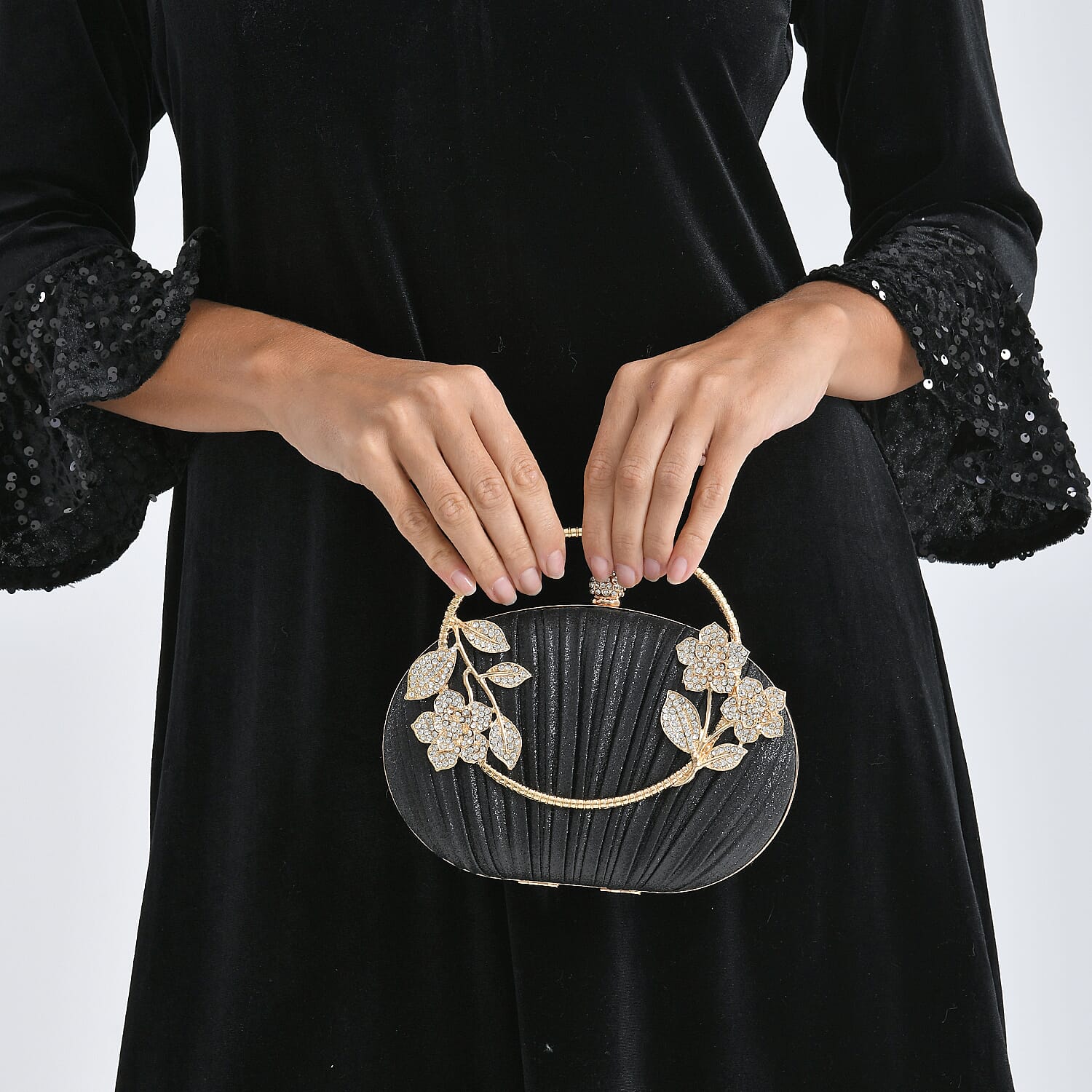 Ruched Crystal Flower Embellished Clutch Bag with Gold Handle - Black