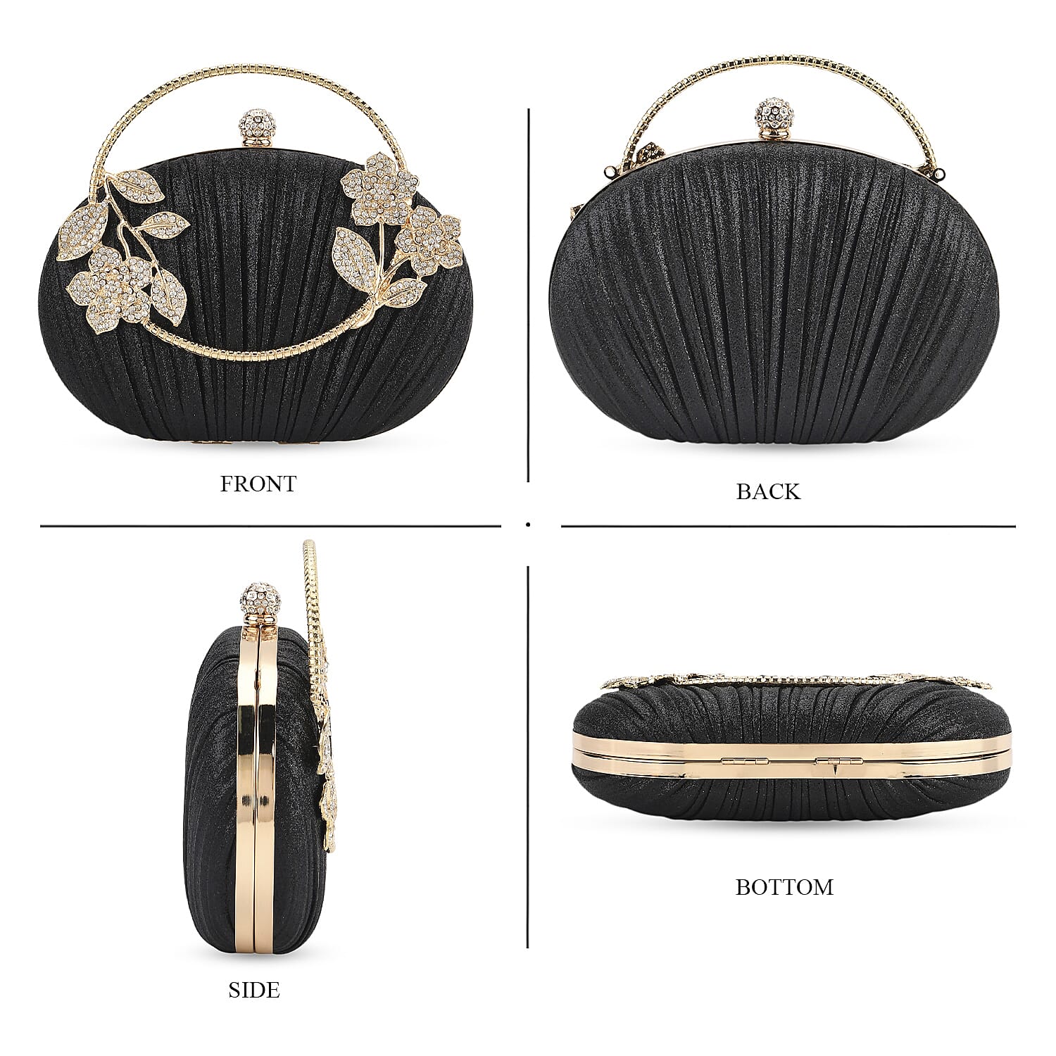Ruched Crystal Flower Embellished Clutch Bag with Gold Handle - Black