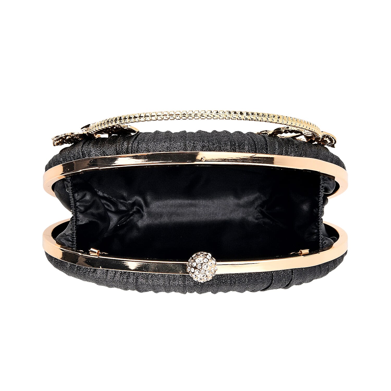 Ruched Crystal Flower Embellished Clutch Bag with Gold Handle - Black