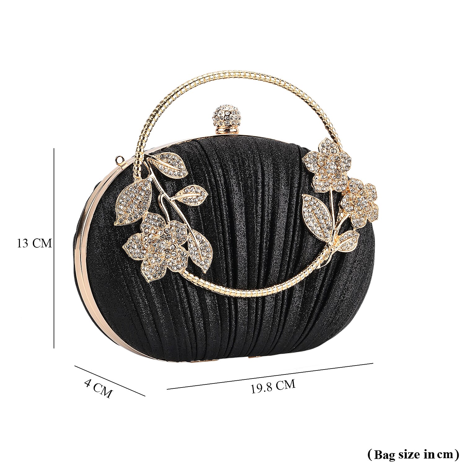 Ruched Crystal Flower Embellished Clutch Bag with Gold Handle - Black