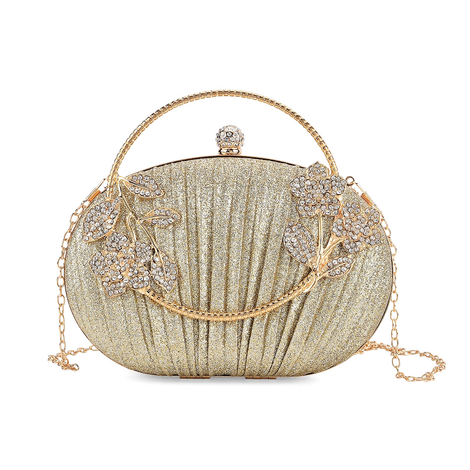Ruched Crystal Flower Embellished Clutch Bag with Gold Handle - Gold