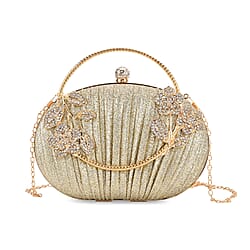 Ruched Crystal Flower Embellished Clutch Bag with Gold Handle - Rose Gold