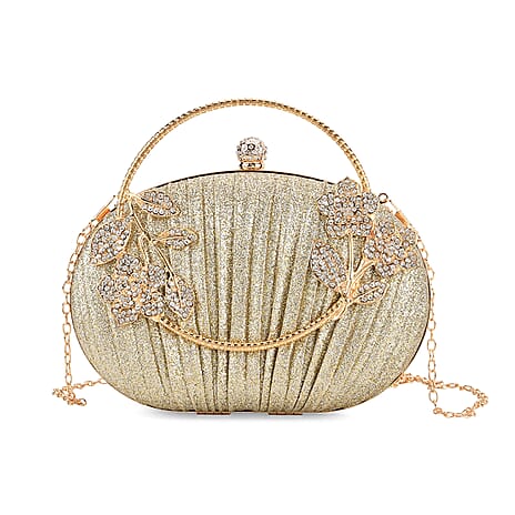 Ruched Crystal Flower Embellished Clutch Bag with Gold Handle - Gold