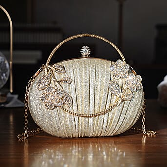 https://tjcuk.sirv.com/Products/82/3/8231690/Ruched-Crystal-Flower-Embellished-Clutch-Bag-with-Gold-Handle-Gold_8231690_1.jpg?w=342&h=342