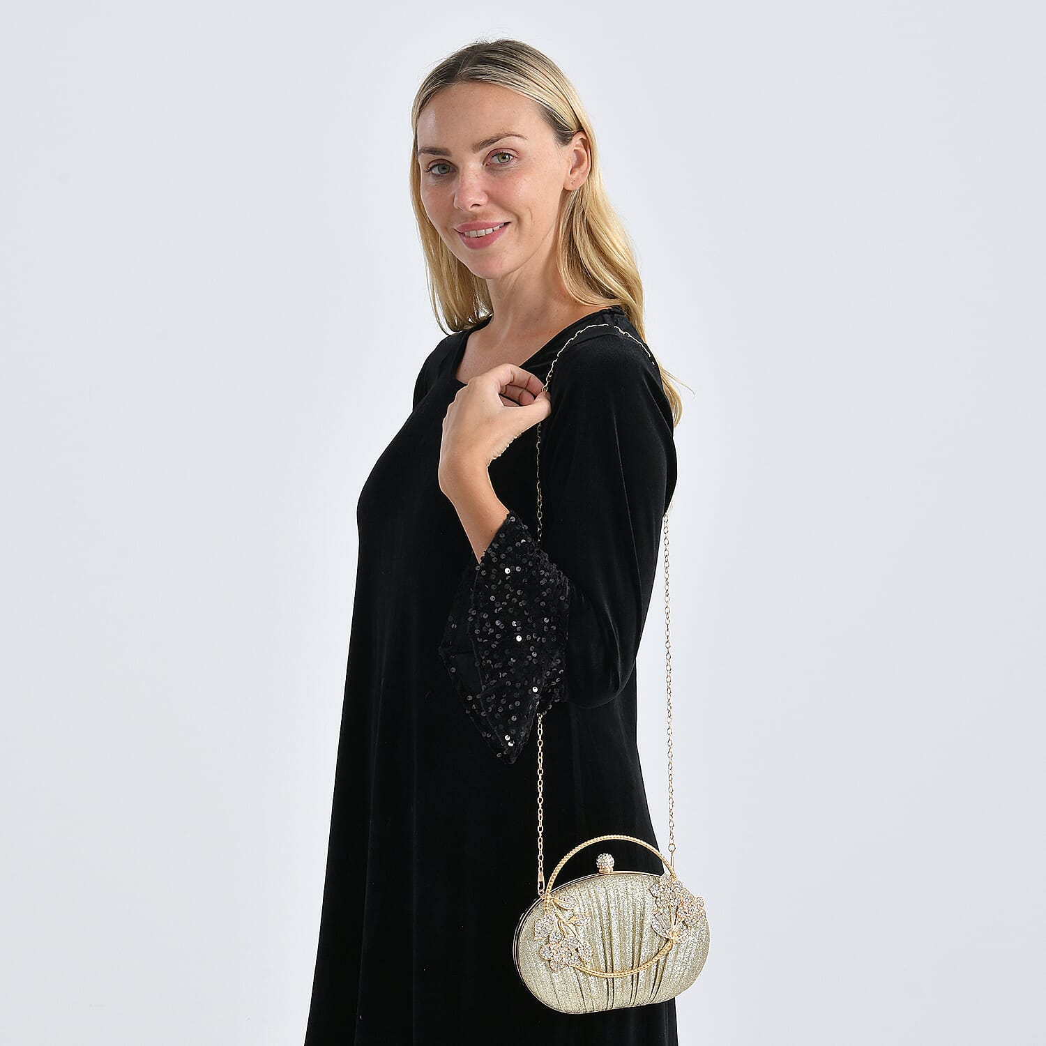 Ruched Crystal Flower Embellished Clutch Bag with Gold Handle - Gold