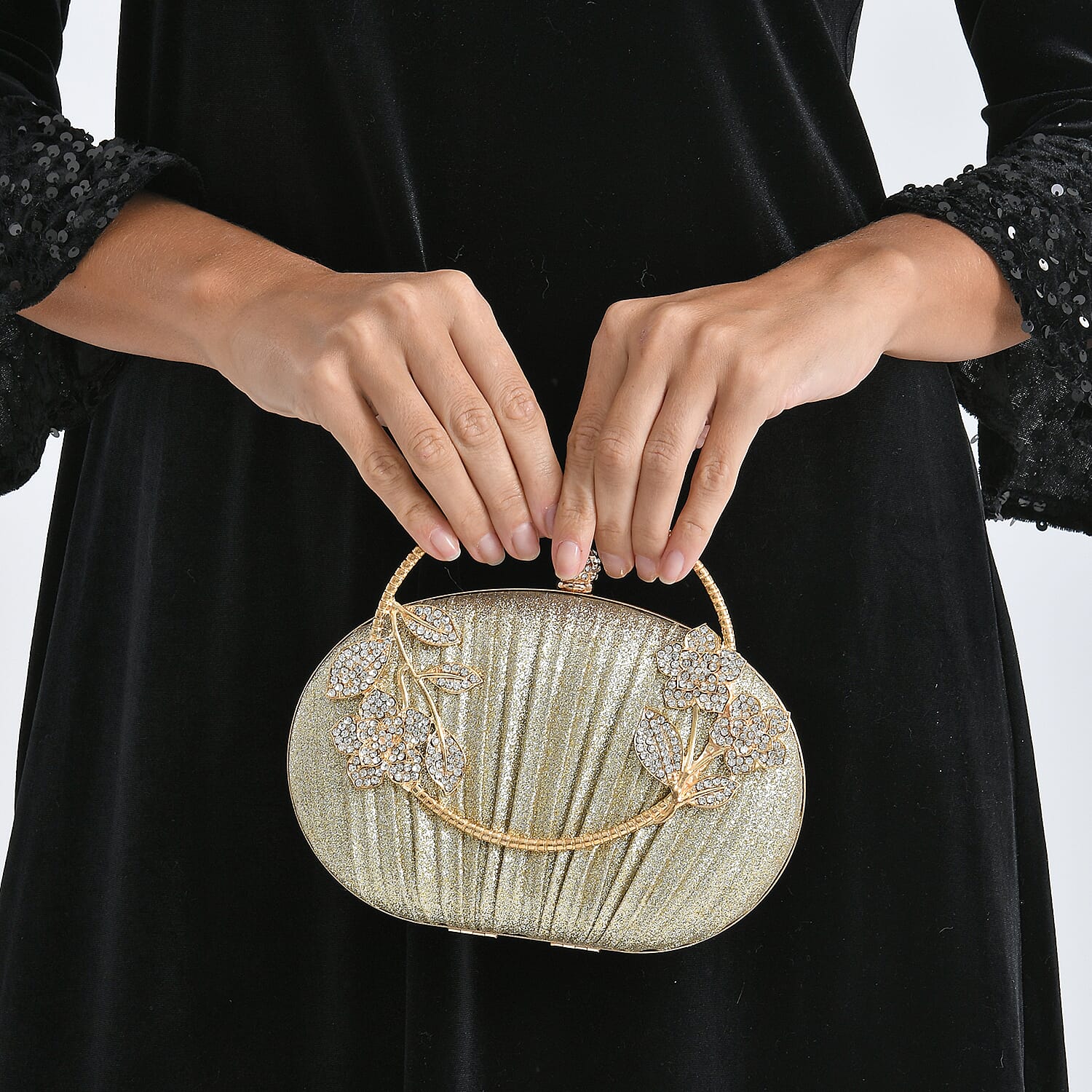 Ruched Crystal Flower Embellished Clutch Bag with Gold Handle - Gold