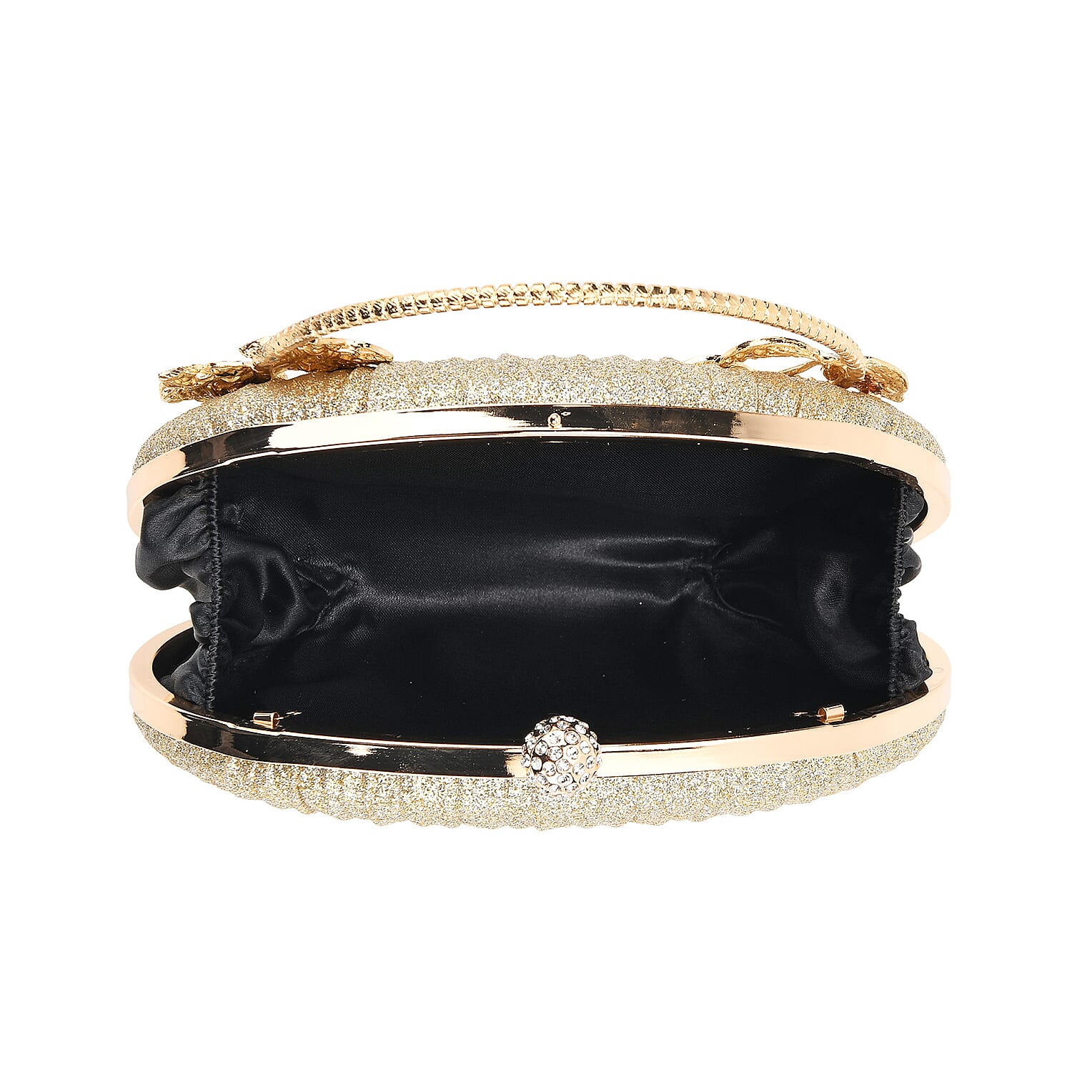 Ruched Crystal Flower Embellished Clutch Bag with Gold Handle - Gold