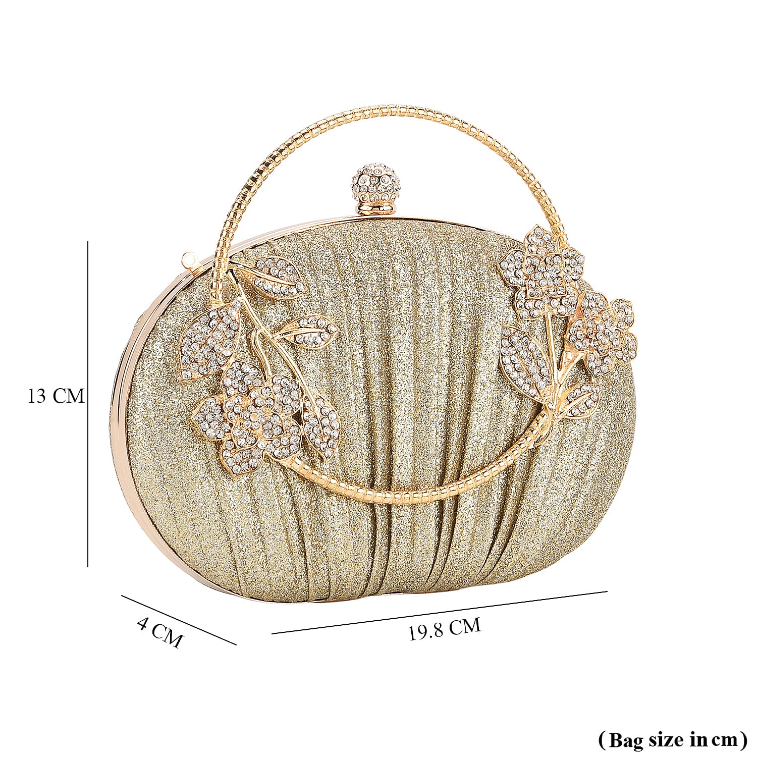 Ruched Crystal Flower Embellished Clutch Bag with Gold Handle - Gold