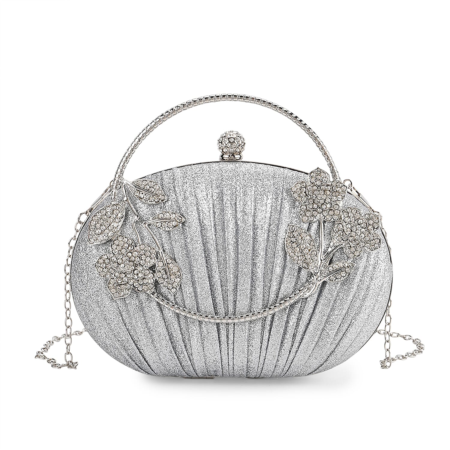 Ruched Crystal Flower Embellished Clutch Bag with Gold Handle - Silver