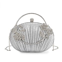 Ruched Crystal Flower Embellished Clutch Bag with Gold Handle - Rose Gold