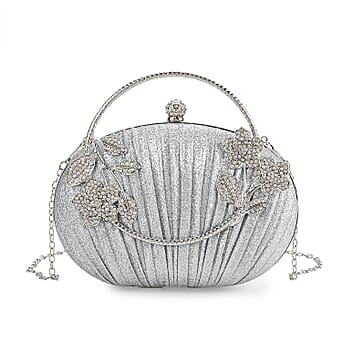 https://tjcuk.sirv.com/Products/82/3/8231691/Ruched-Crystal-Flower-Embellished-Clutch-Bag-with-Gold-Handle-Silver_8231691.jpg?w=342&h=342