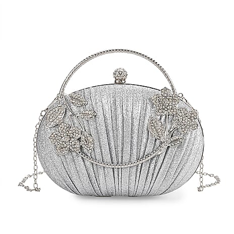 Ruched Crystal Flower Embellished Clutch Bag with Gold Handle - Silver