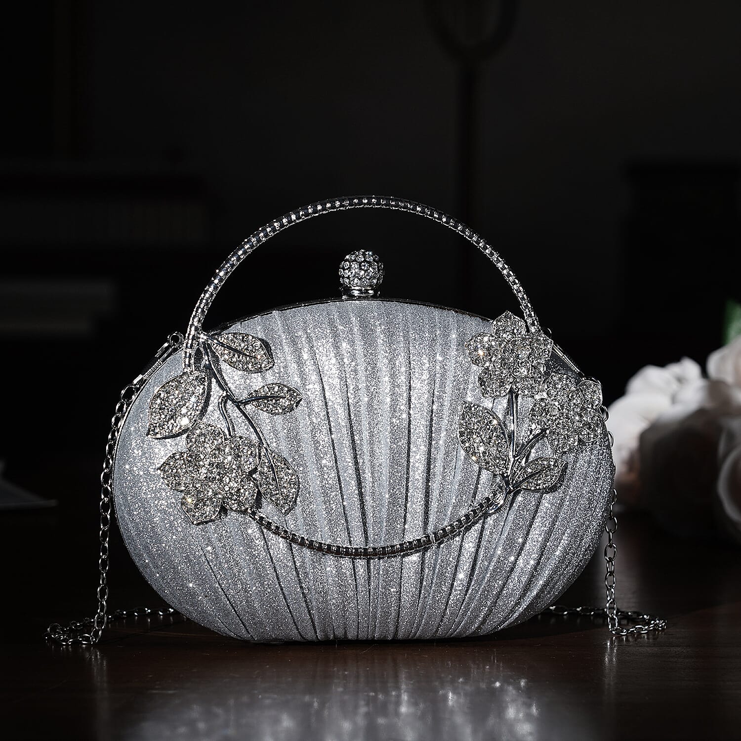 Ruched Crystal Flower Embellished Clutch Bag with Gold Handle - Silver