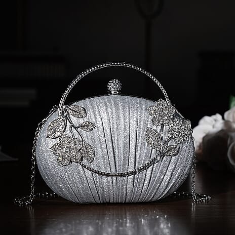 Ruched Crystal Flower Embellished Clutch Bag with Gold Handle - Silver