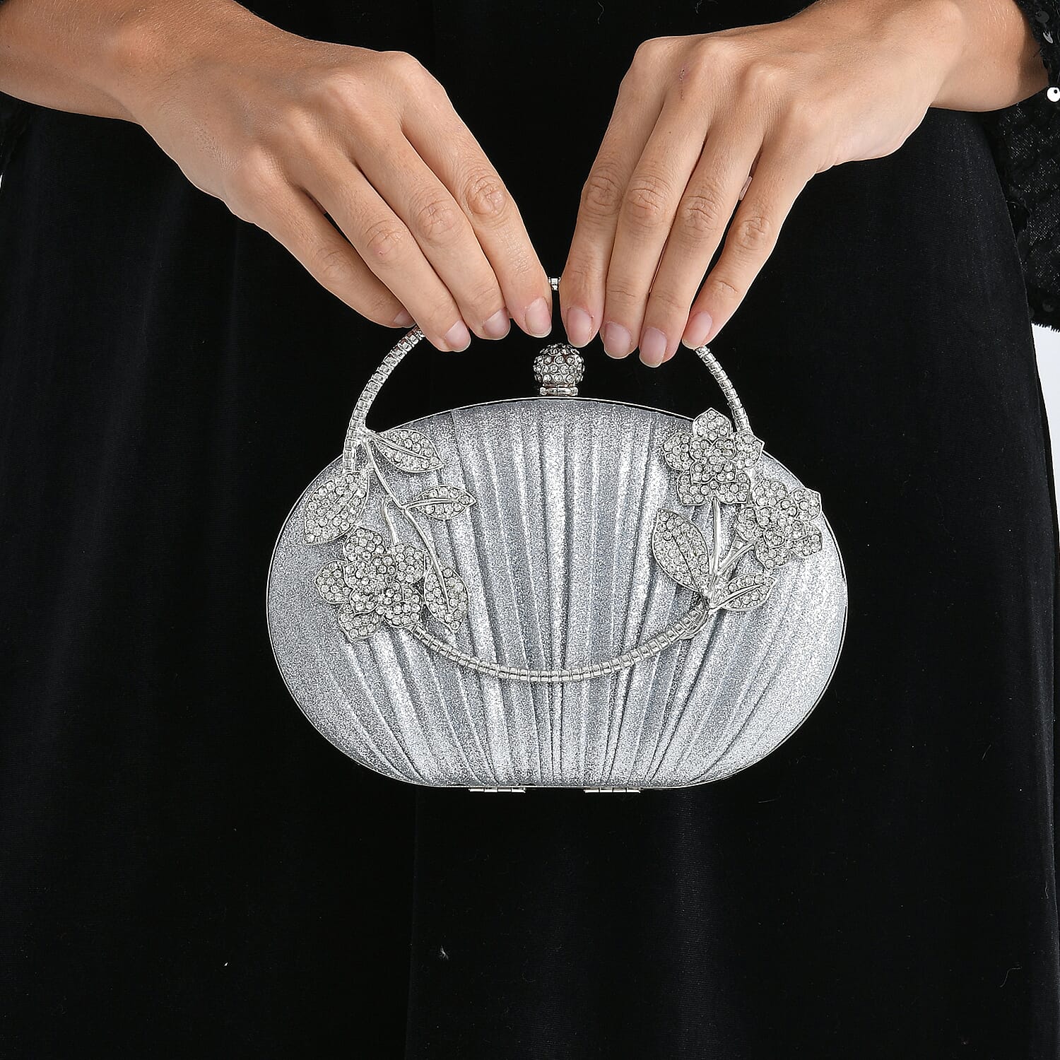 Ruched Crystal Flower Embellished Clutch Bag with Gold Handle - Silver